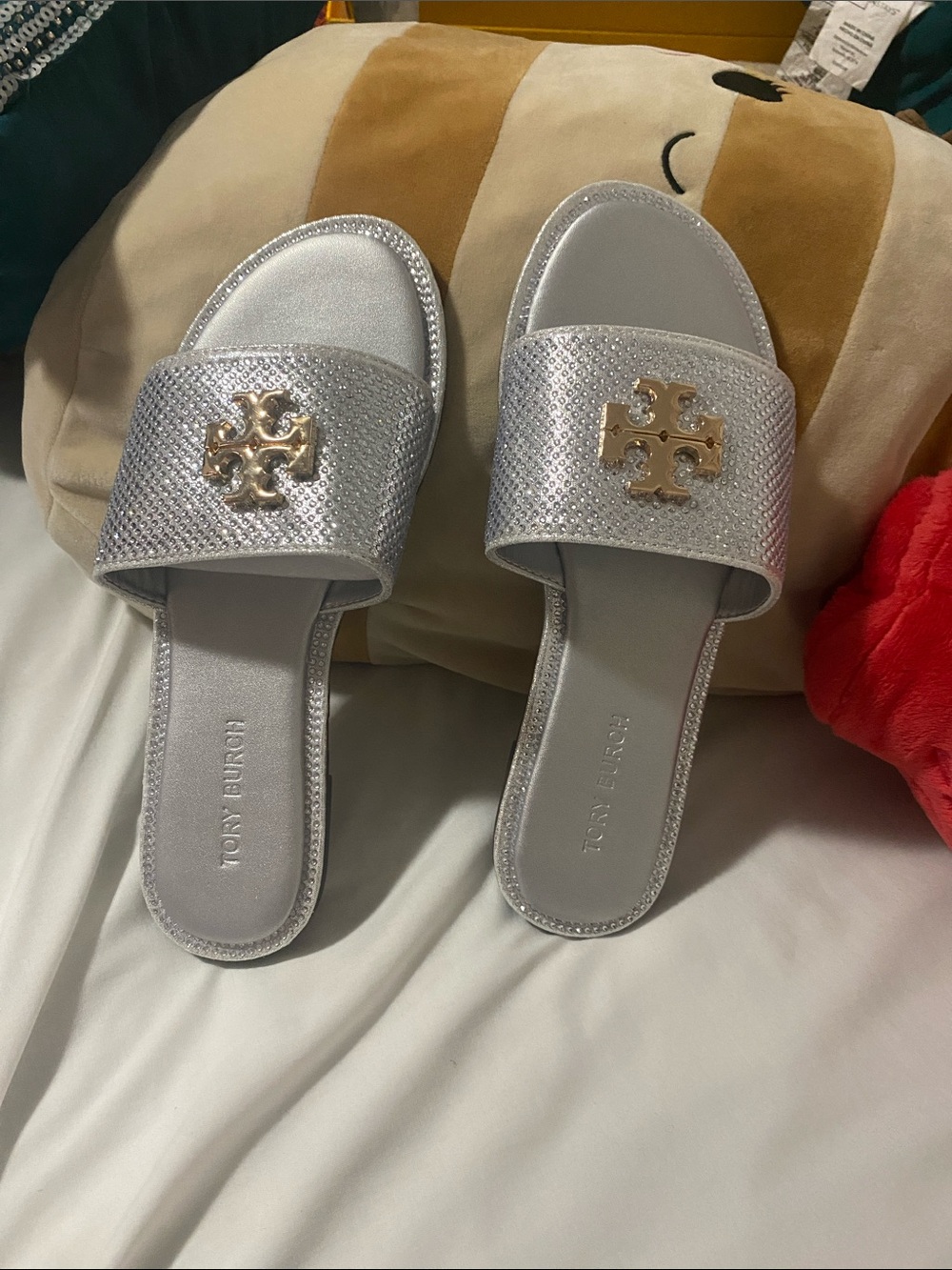 Tory Burch Silver Metallic Logo Slide Sandals